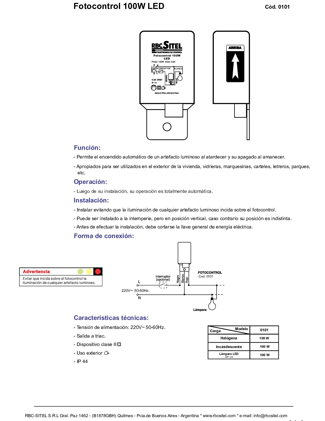 Cód. 0102 - Fotocontrol 100 W LED - 4 cables - TRIAC - Imagen 2